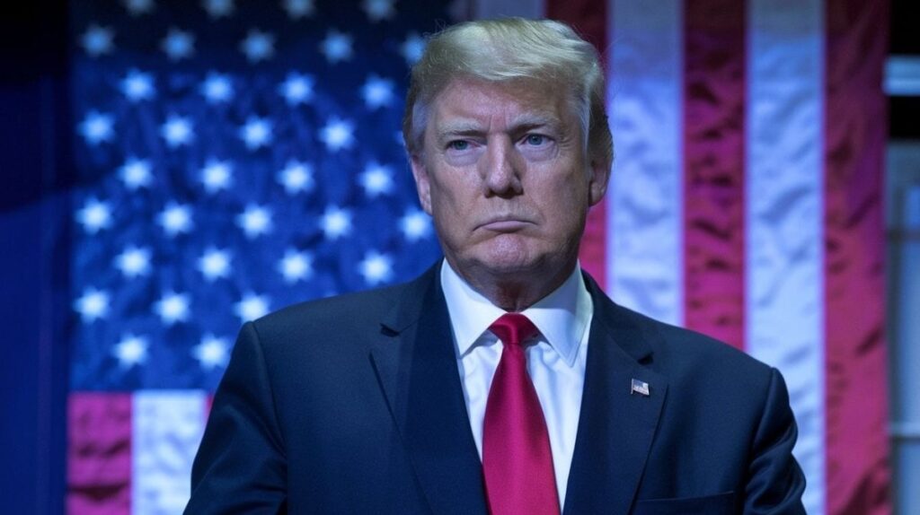 Donald Trump standing in front of an American flag, wearing a dark suit with a red tie, looking serious.