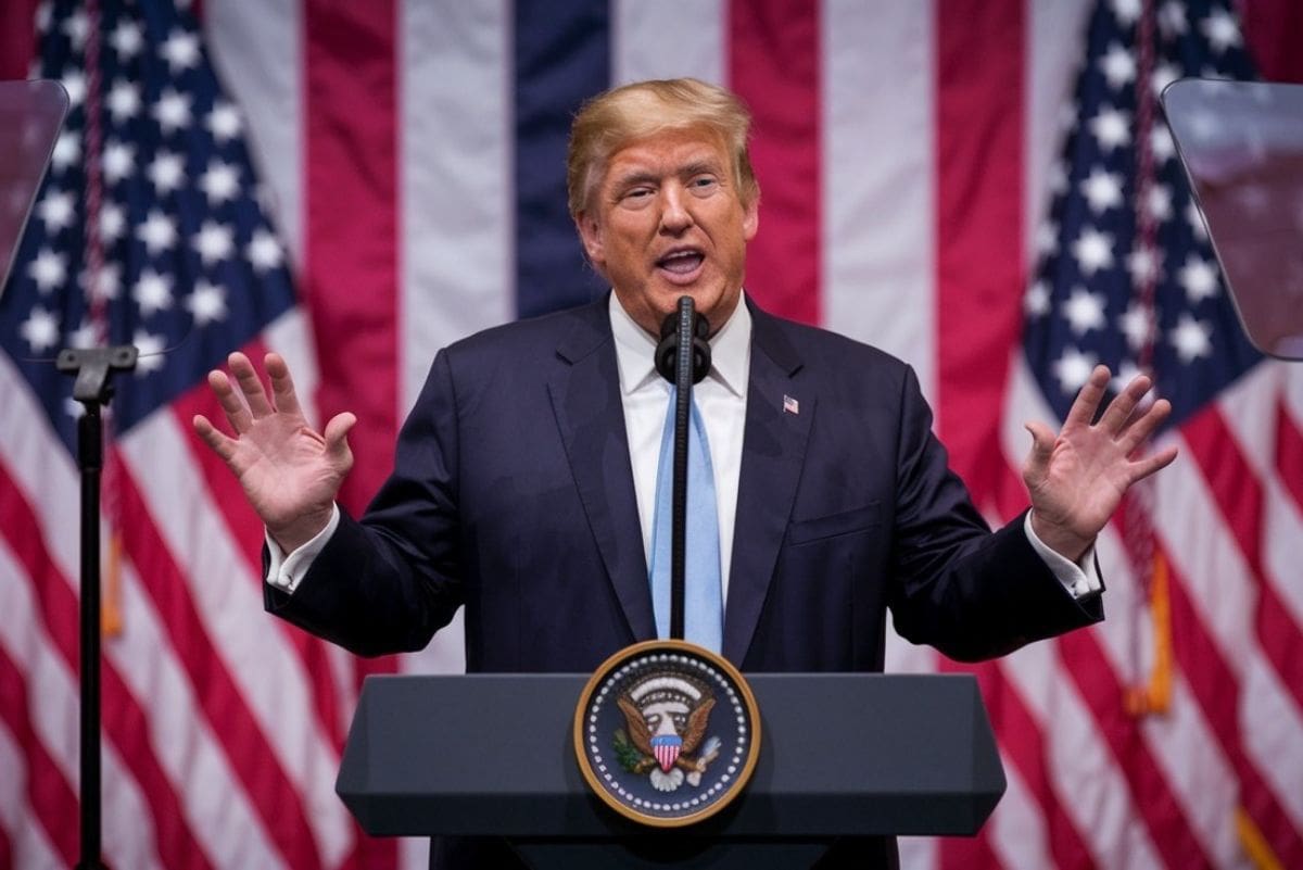 Donald Trump speaking at a podium with the Presidential Seal, in front of an American flag backdrop.