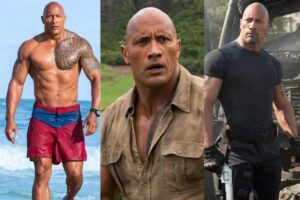 Dwayne "The Rock" Johnson in three different movie roles showcasing his muscular physique and action-oriented characters.