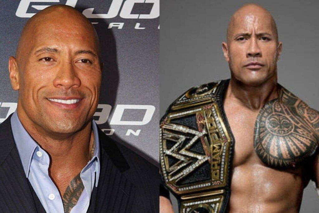 Dwayne "The Rock" Johnson in two side-by-side images. On the left, he is dressed in a suit, smiling at the camera. On the right, he is shirtless, wearing a WWE Championship belt, with a serious expression, showcasing his Samoan tattoo on his chest and shoulder.