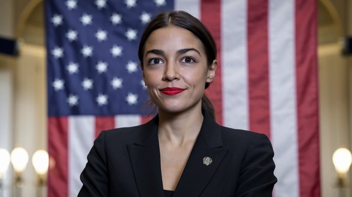 Alexandria Ocasio-Cortez stands in front of an American flag, wearing a black blazer and a confident smile.