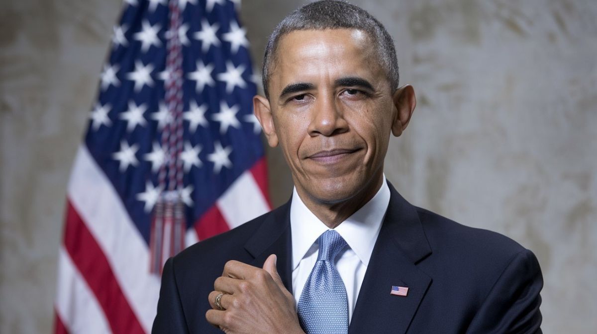 Barack Obama standing in front of the American flag, wearing a dark suit with a blue tie, looking confidently ahead.