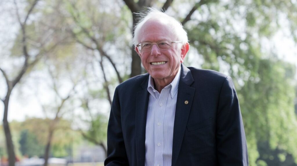 Bernie Sanders smiling outdoors in a dark suit and glasses.