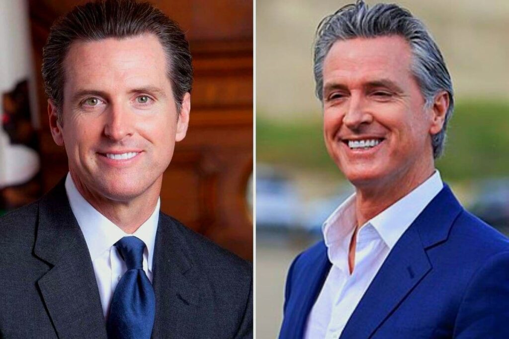 Gavin Newsom smiling in two side-by-side images, dressed formally in a suit and tie in the left image and more casually in an open-collared shirt and jacket in the right image.