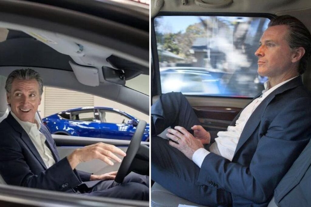 Gavin Newsom sitting in a car, smiling in one image and looking thoughtful in another.