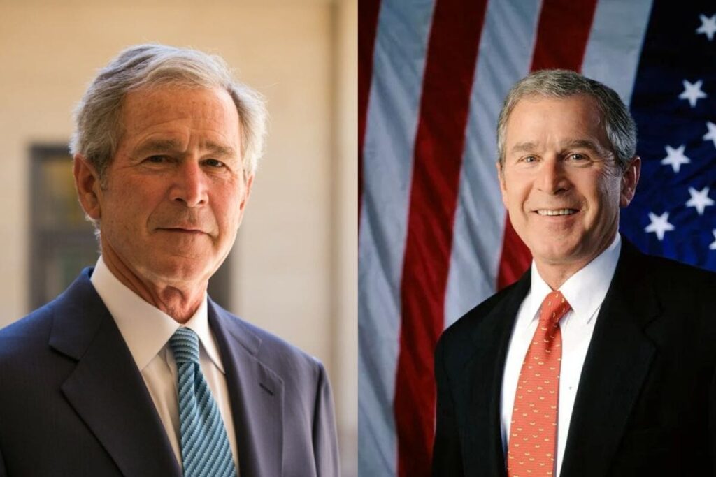 Side-by-side portraits of George W. Bush, one during his presidency and one after, symbolizing his time in office and post-presidency work.