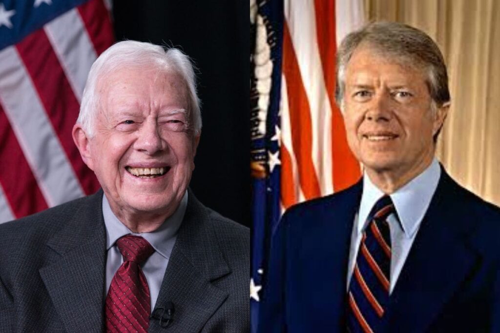 Jimmy Carter in two stages of life: a smiling elderly Jimmy Carter next to a younger version of himself during his presidency.