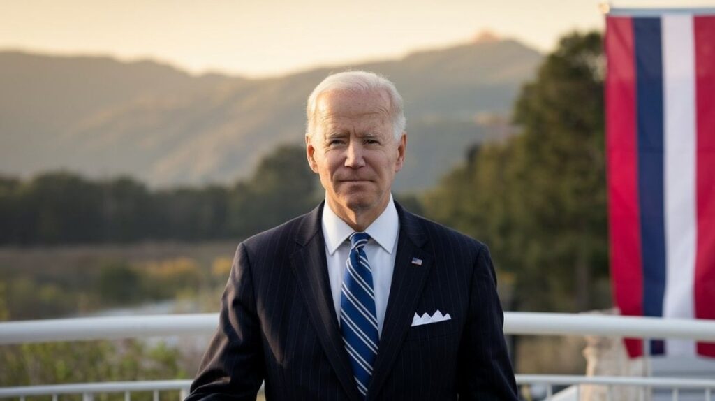 Joe Biden standing in front of a landscape, wearing a suit and tie, with a serious expression.