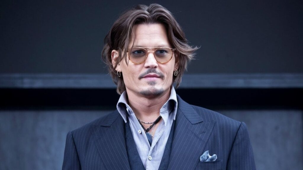 Johnny Depp wearing a pinstripe suit with round glasses, standing in front of a dark background.