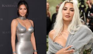 Kim Kardashian in two different glamorous outfits, showcasing her style transformation. On the left, she wears a metallic silver dress with matching accessories, and on the right, she sports a platinum blonde hairstyle in an elegant outfit.