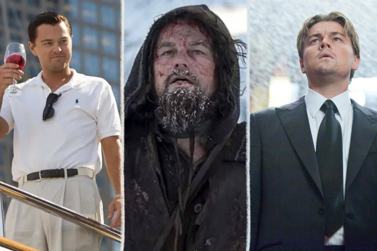 Leonardo DiCaprio in The Wolf of Wall Street, The Revenant, and Inception