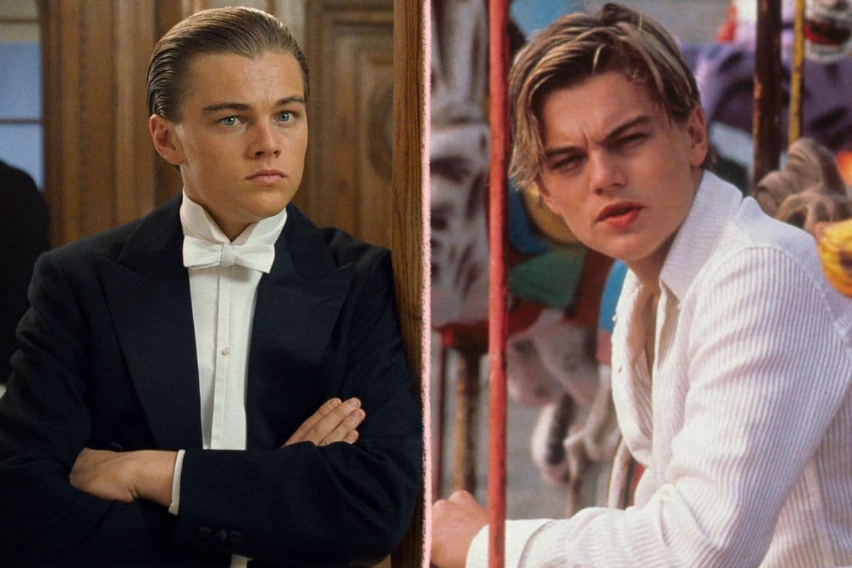 Leonardo DiCaprio in two iconic roles: one in a tuxedo from Titanic and the other with a casual look from Romeo + Juliet.