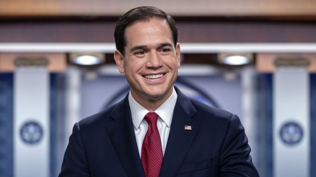 Marco Rubio, smiling in a formal suit with a red tie, standing in front of a government podium.