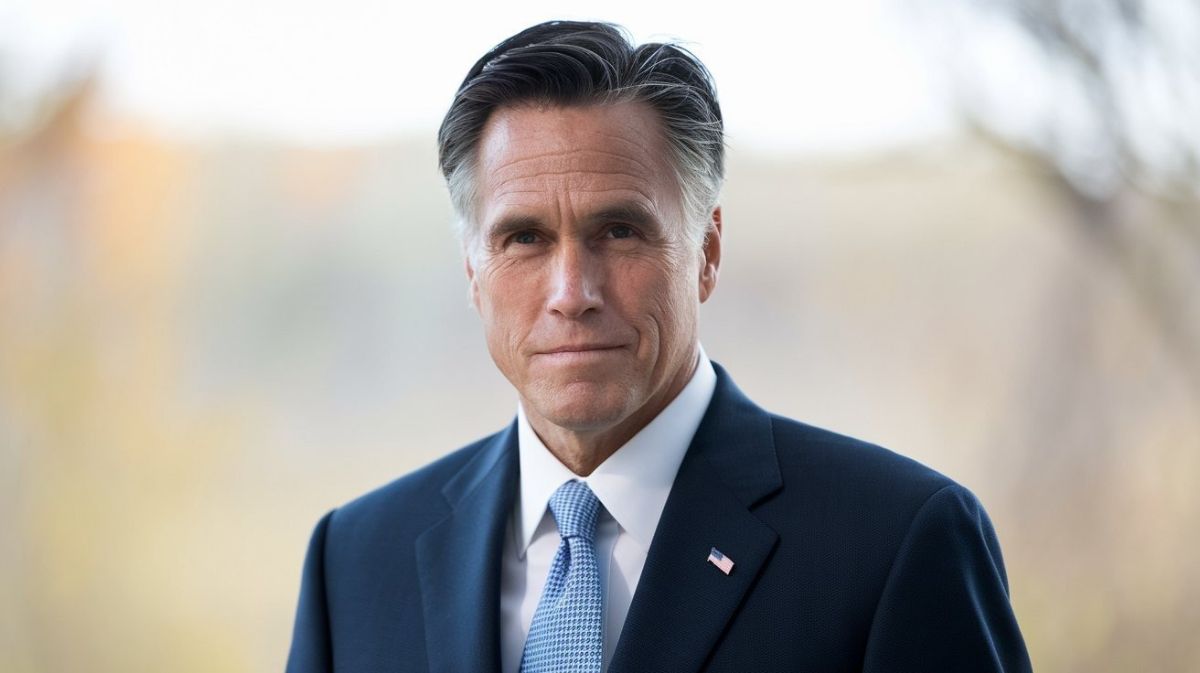 Alt Text: A portrait of Mitt Romney, a distinguished man in a suit and tie, with a serious expression and an American flag pin on his lapel.