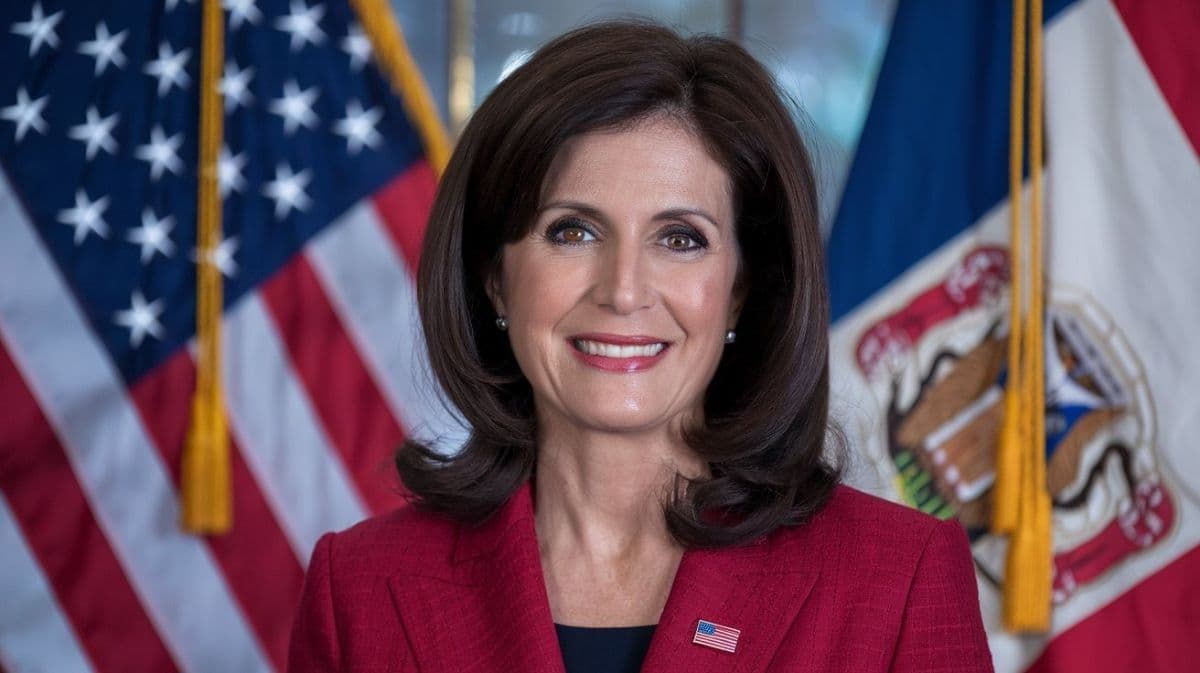 A professional portrait of a woman wearing a red blazer, standing in front of U.S. flags with a confident smile.