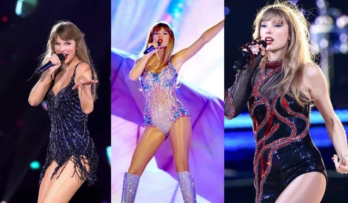 Taylor Swift performing live in three different sparkling outfits during her concert.