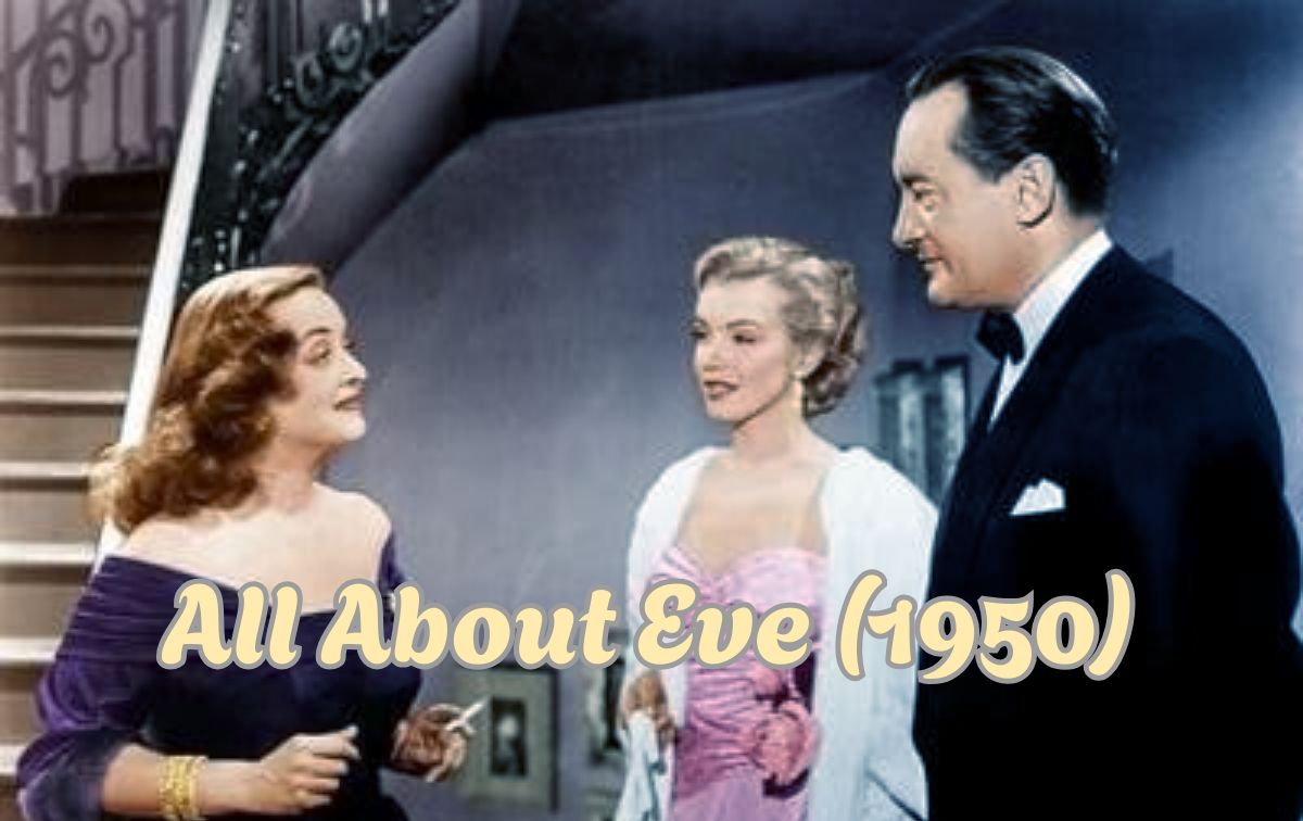 A scene from All About Eve (1950) featuring Bette Davis, Marilyn Monroe, and George Sanders in formal attire, standing in a sophisticated interior setting.