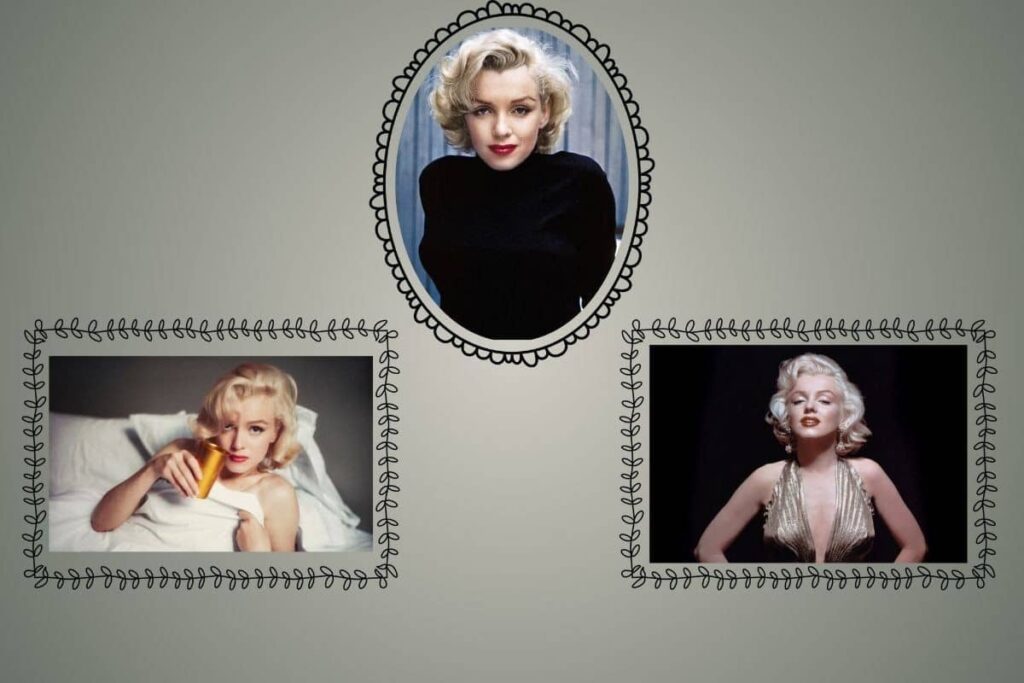 A collage featuring three classic portraits of Marilyn Monroe in decorative frames, highlighting various aspects of her life and style. "Marilyn Monroe Facts" is represented through these iconic images. The central image shows her in a black top, the left image depicts her lying in bed with a golden cup, and the right image captures her in a glamorous, low-cut dress.