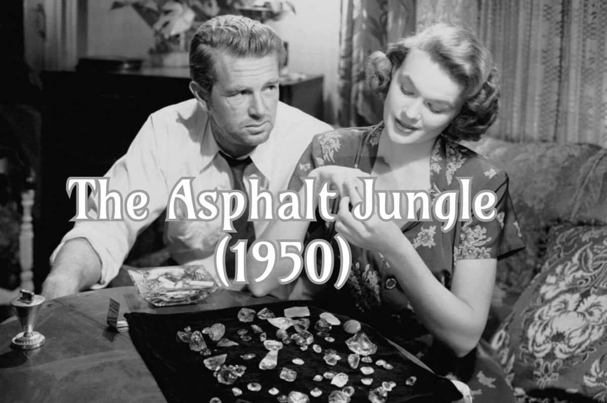 A black-and-white scene from the film The Asphalt Jungle (1950) showing a man and Marilyn Monroe examining a collection of gems on a table.